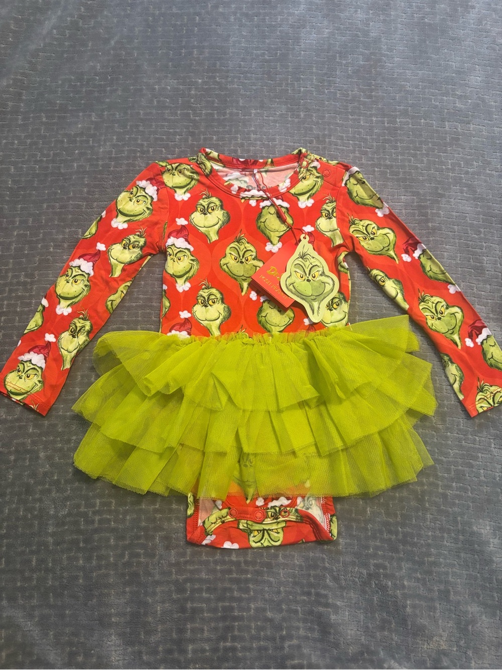 Posh Peanut Red Grinch Print Bodysuit with Lime Green Tulle Tutu